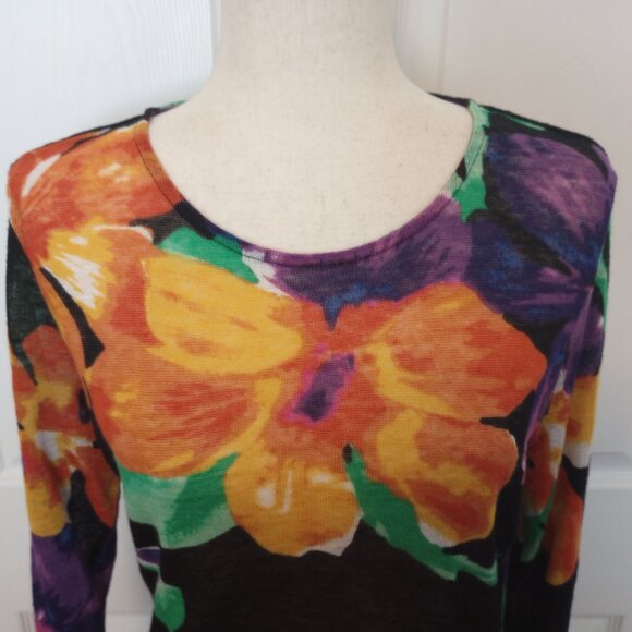 Ralph Lauren Bold Fall Floral Long Sleeve Top sz 14 Petite Stretch Linen Silk - Picture 3 of 6